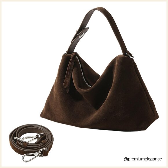 Handbags - Genuine Leather Suede Hobo Tote Bag, Adjustable Strap, Large Capacity